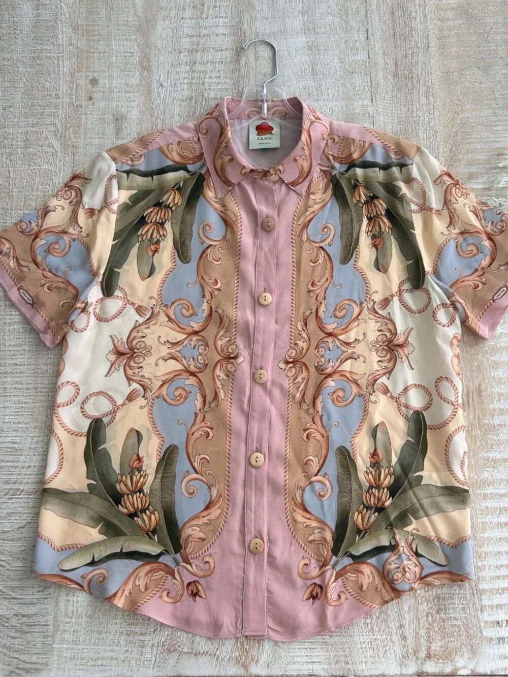 Farm Rio Banana Royalty Blouse/Shirt/Top Blush Pink Rose Gold Size Small NWOT